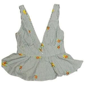 Forever 21  Women’s Striped Peplum Tank Blouse Embroidered  Flowers Small